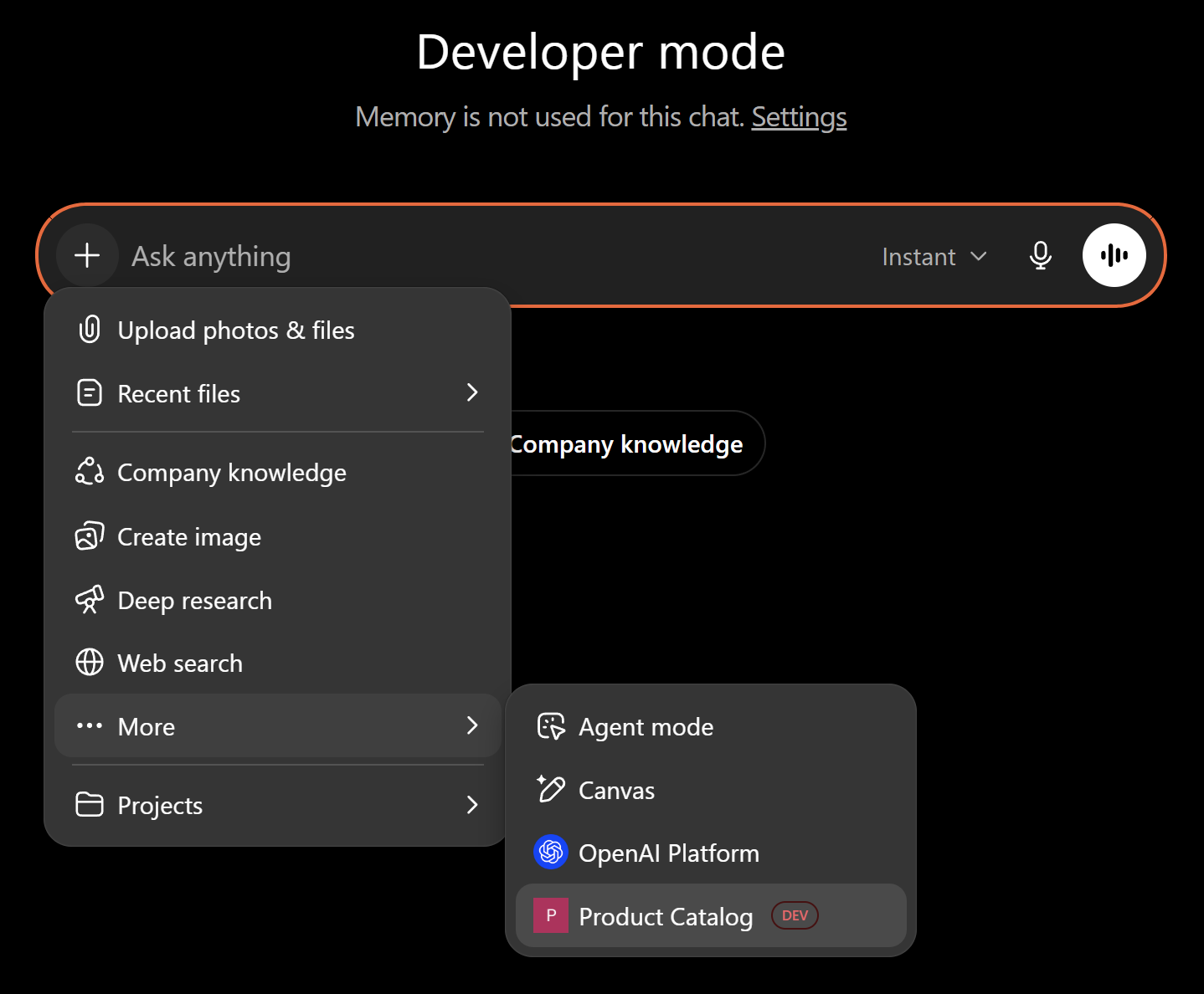 Selecting the Product Catalog app from the chat composer menu