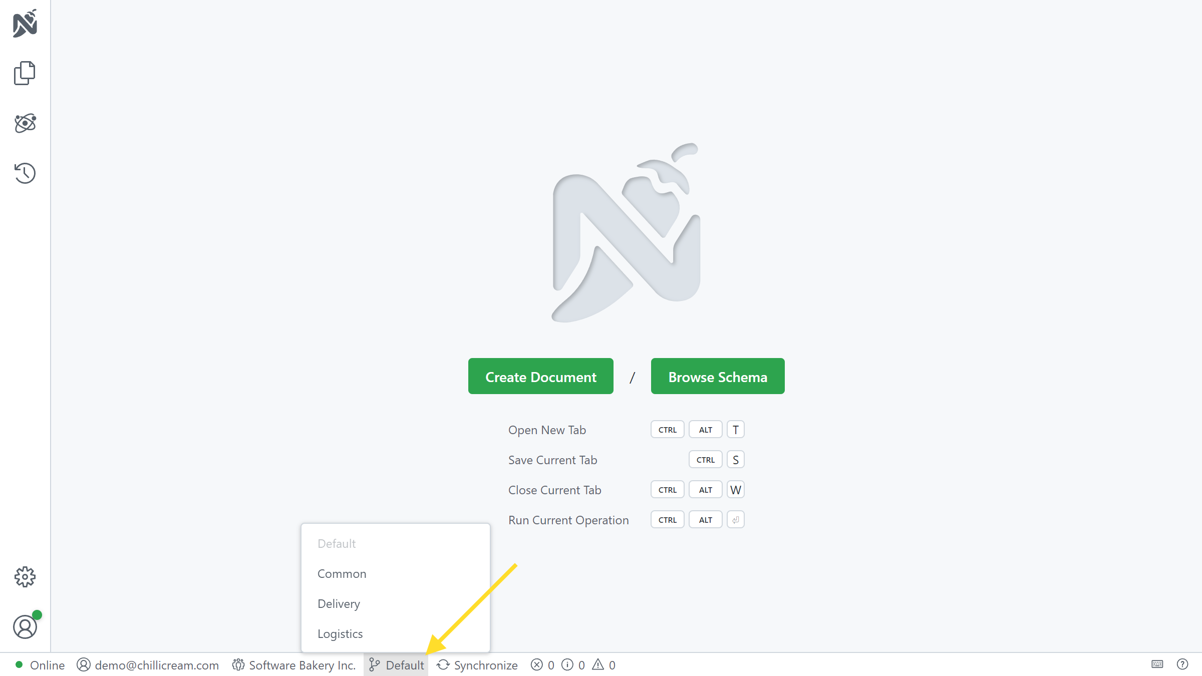 Screenshot showing the workspace and organization switcher in the status bar