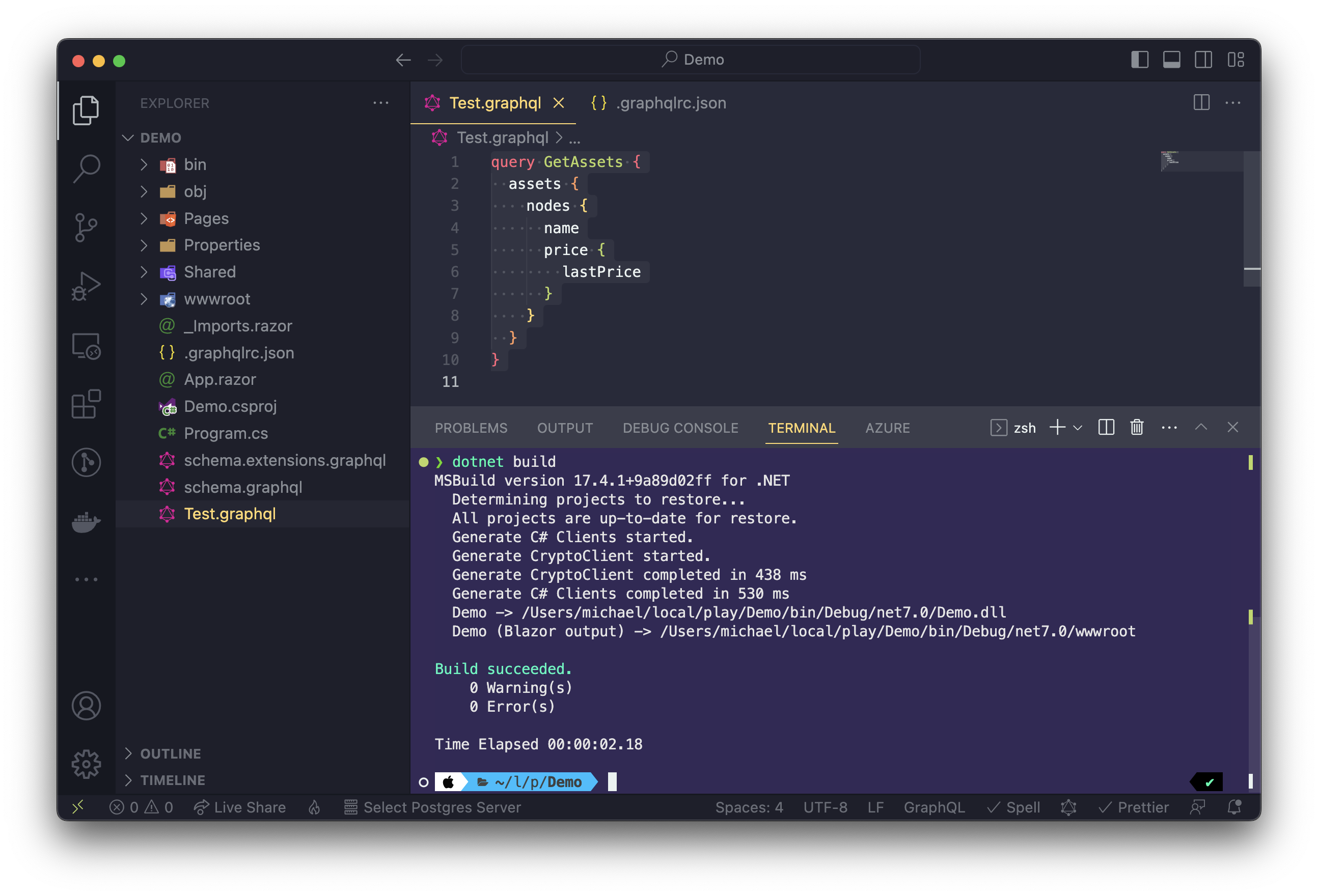 Visual Studio Code showing the generator output on the console.